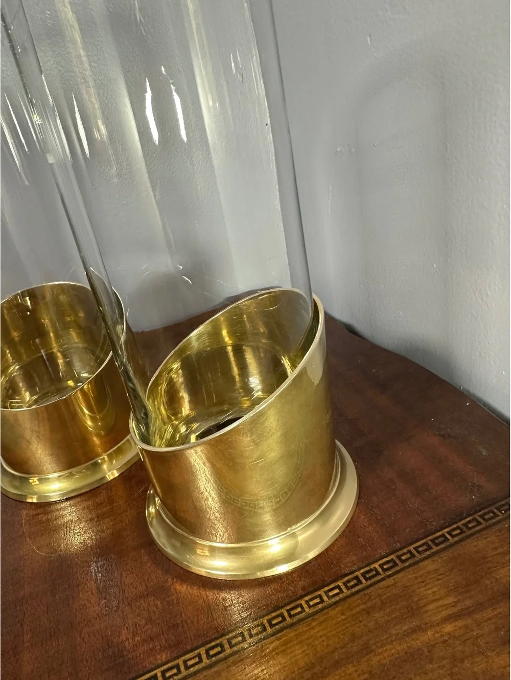 Vintage 1995 Ambrosia Brass&Glass Hurricane Candle Holders Pair - Made in India